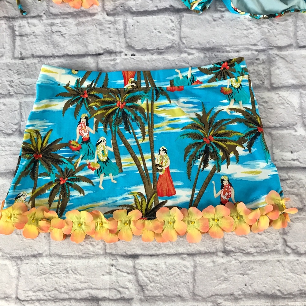 Vintage Letarte Hawaiian Print Plumeria‎ Flower Lei Hem Cover Up Mini Skirt
